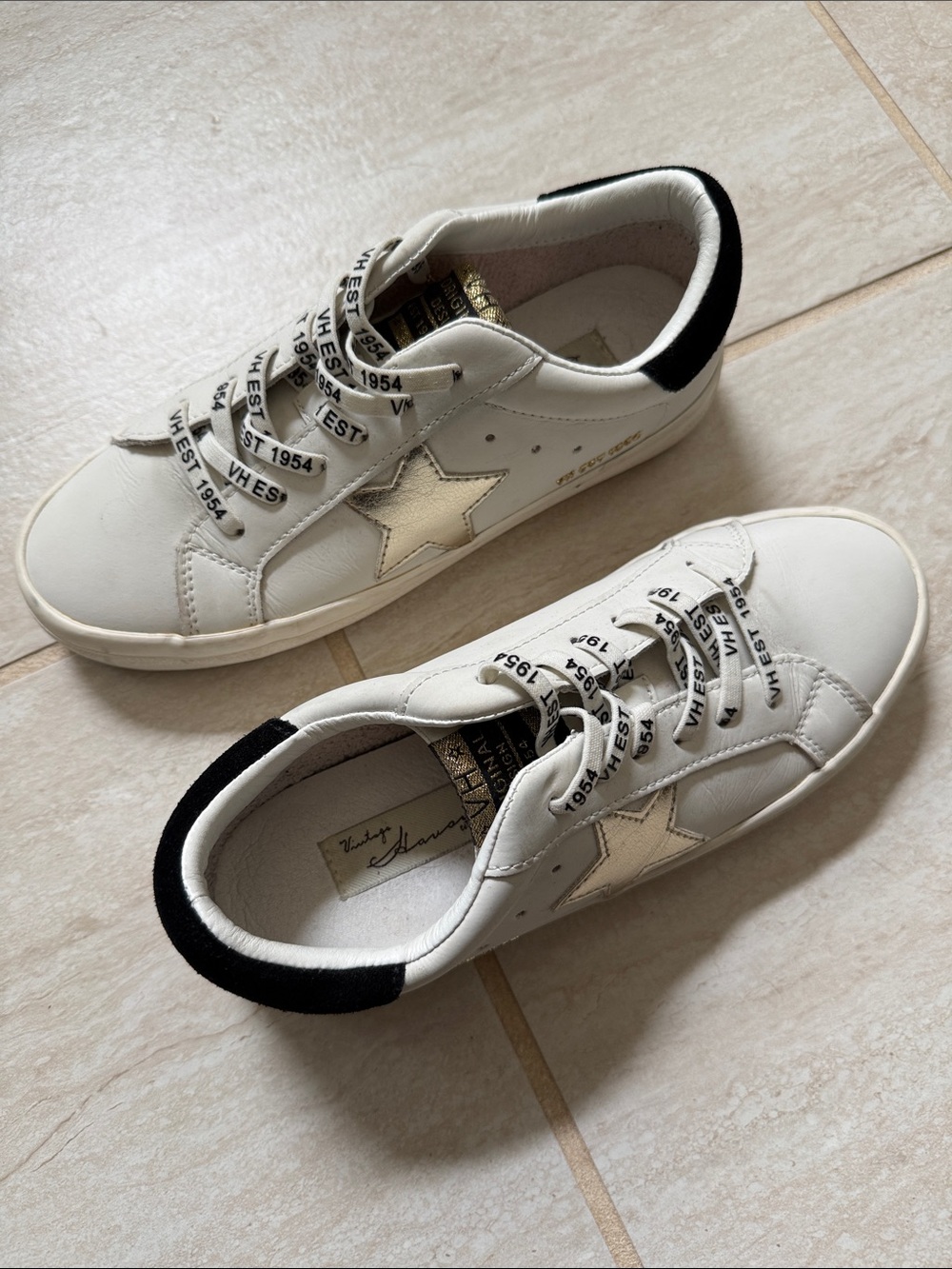Vintage Havana White Sneakers with Black Heel and Gold Star